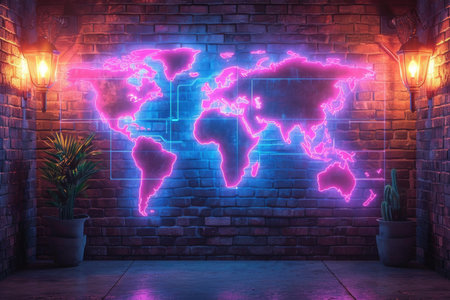 A world map on the wall with neon lighting. Designer decor on the wall in the room.の素材