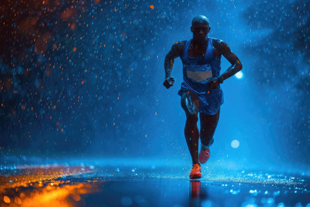 An African-American running athlete runs alone in the rain at night. An active lifestyle.の素材