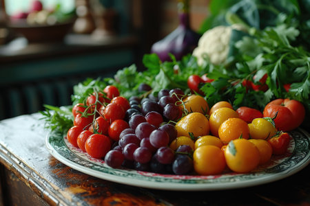 Vegetables and fruits are laid out in a plate on the kitchen table. the concept of healthy eating.の素材