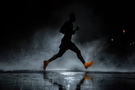An athlete runs alone in the rain at night. An active lifestyle.の素材