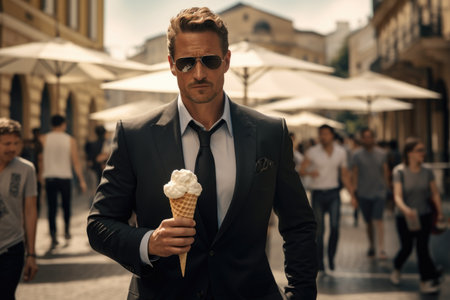 A brutal man in a suit with ice cream in his hands walks along a city street.の素材