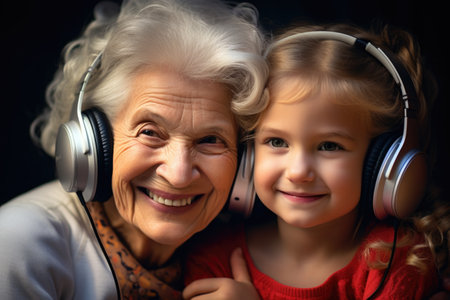 A little girl and her grandmother are listening to music on a black background with headphones.の素材