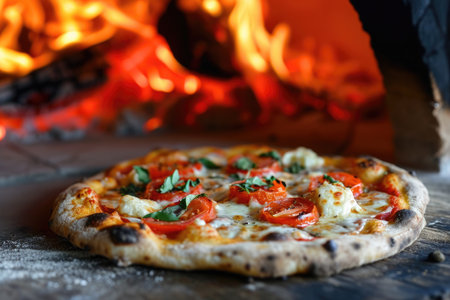 Delicious fresh Italian pizza lies near the oven, baked in a wood-burning oven.の素材