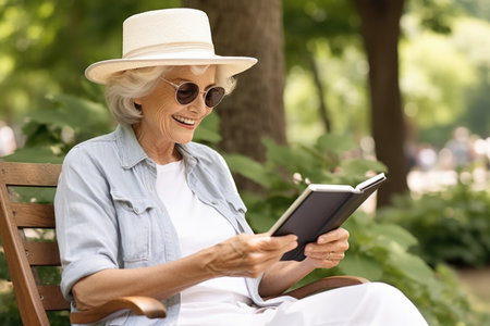 An elderly lady in casual attire and glasses sits on a bench during the day and reads a book.の素材
