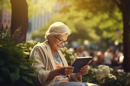 An elderly lady in casual attire and glasses sits on a bench during the day and reads a book.の素材