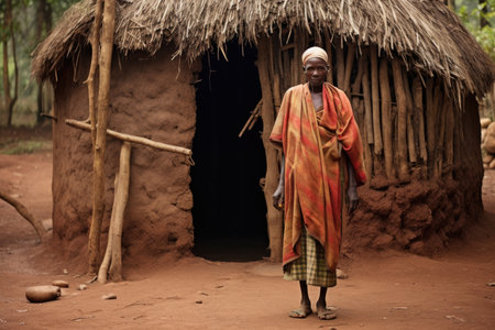 Portrait of an African elderly woman in national clothes and a national headdress on the background of a house in a village.の素材
