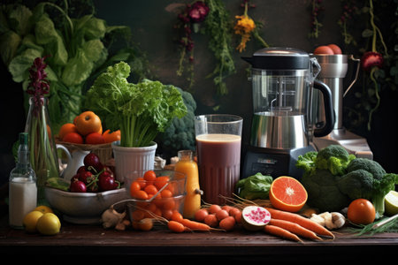 Delicious fresh smoothies and a blender with ingredients on the kitchen table. Lots of vegetables and fruits around.の素材
