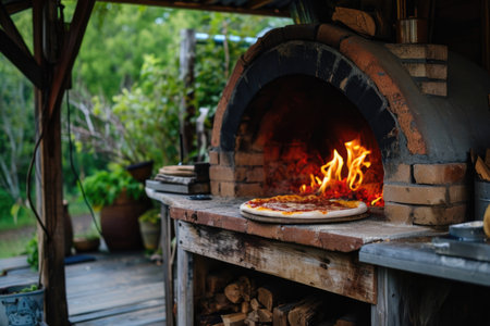 Delicious fresh Italian pizza lies near the oven, baked in a wood-burning oven.の素材