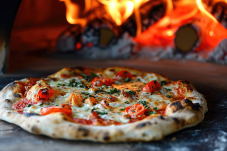 Delicious fresh Italian pizza lies near the oven, baked in a wood-burning oven.の素材