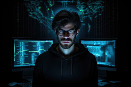 A portrait of a Programmer or coder programming on a computer checks the program code. Hacker.の素材