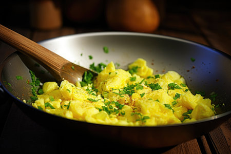 Fried potatoes with garlic, salt, herbs for decoration..の素材
