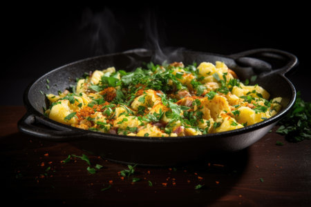 Fried potatoes with garlic, salt, herbs for decoration..の素材