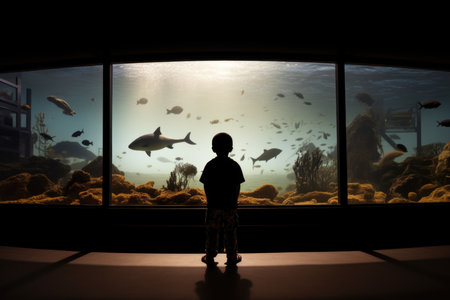 the silhouette of a boy in front of an aquarium full of fish in the aquarium.の素材