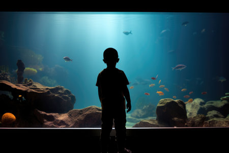 the silhouette of a boy in front of an aquarium full of fish in the aquarium.の素材