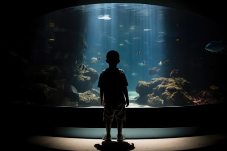 the silhouette of a boy in front of an aquarium full of fish in the aquarium.の素材