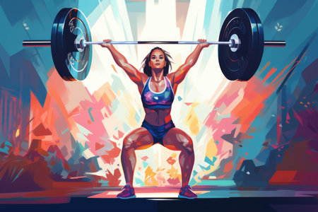 A female athlete makes a barbell jerk at a competition. Drawing.の素材