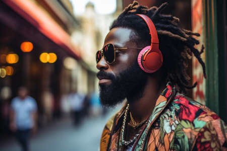A handsome young African-American man with a beard wearing headphones, listening to music while walking along a city street in summer.の素材