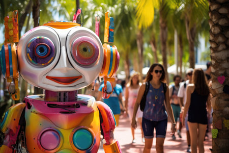A cheerful colored robot walks along a city street against a background of many people.の素材