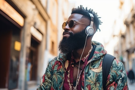 A handsome young African-American man with a beard wearing headphones, listening to music while walking along a city street in summer.の素材