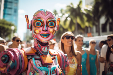 A cheerful colored robot walks along a city street against a background of many people.の素材