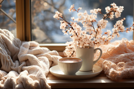 A morning cup of latte coffee is on the table by the window.の素材