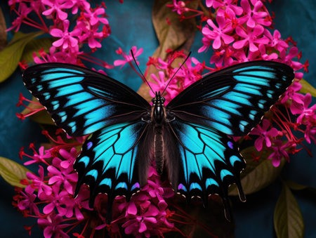 a large colored butterfly sitting on leaves, a beautiful insect in its natural habitat,の素材