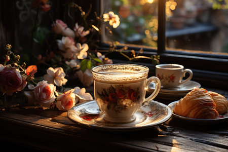 A morning cup of latte coffee is on the table by the window.の素材