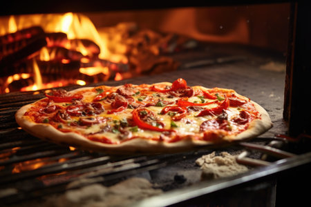 Delicious fresh Italian pizza lies near the oven, baked in a wood-burning oven.の素材