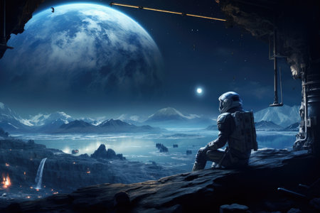 an astronaut on another plane against the background of the sky and other planets. illustration.の素材