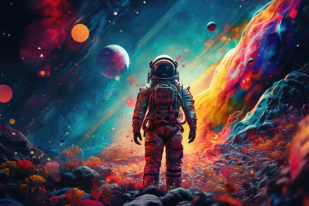 an astronaut on another plane against the background of the sky and other planets. illustration.の素材