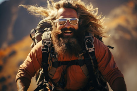 An emotional skydiver landed on the ground with his parachute open.の素材