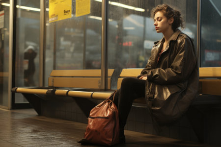 Portrait of a tired man sleeping at a bus stop waiting for a bus.の素材