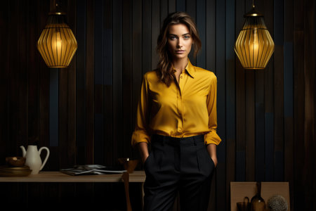 Fashionable stylish young girl in a yellow blouse and trousers on a dark background.の素材
