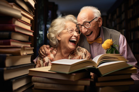 a happy cheerful elderly man with a beard is looking for information in books in the library.の素材