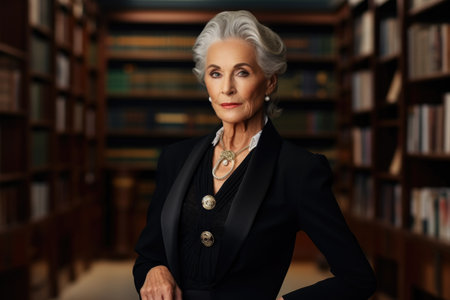 Portrait of a stylish elderly librarian in formal clothes, standing in the university library and looking at the camera.の素材