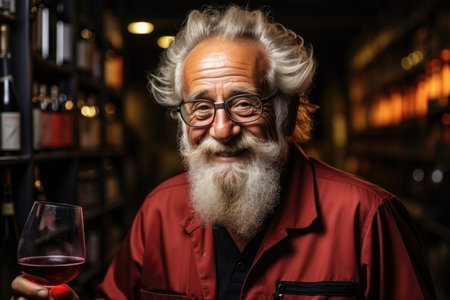 A confident, elderly, positive, smiling man with a beard tasting red wine in his wine cellar.の素材