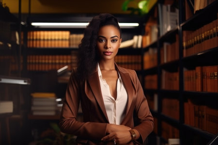 Portrait of a stylish African-American librarian in formal clothes, standing in the university library and looking at the camera.の素材