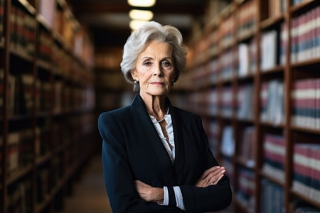 Portrait of a stylish elderly librarian in formal clothes, standing in the university library and looking at the camera.の素材
