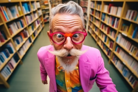 Portrait of a cheerful, happy elderly man in colored clothes and glasses in the library.の素材