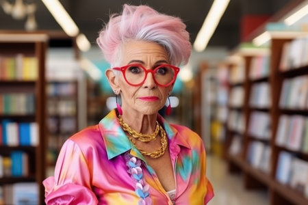 Portrait of an elderly librarian woman in colored clothes and glasses standing in the university library and looking at the camera.の素材