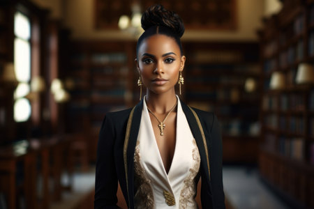 Portrait of a stylish African-American librarian in formal clothes, standing in the university library and looking at the camera.の素材