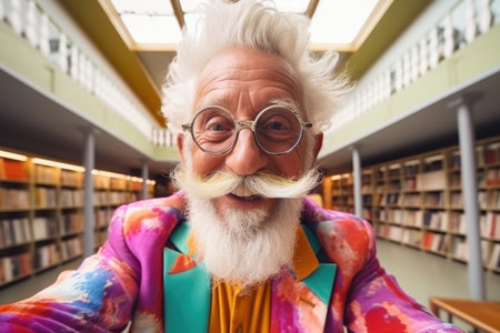 Portrait of a cheerful, happy elderly man in colored clothes and glasses in the library.の素材