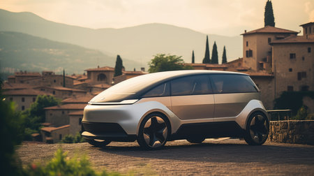 A futuristic electric car on a city street. A concept of the future.の素材