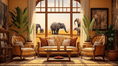 The composition of the cozy interior of the living room in an African style with a large window on the background of savannah and animals.の素材