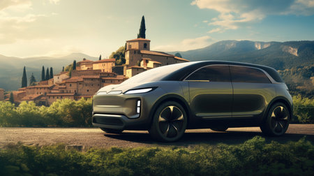 A futuristic electric car on a city street. A concept of the future.の素材