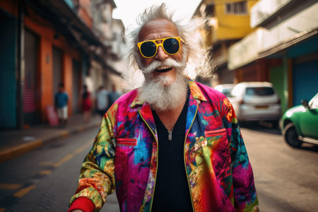 Portrait of a cheerful happy elderly man with glasses on a street background.の素材