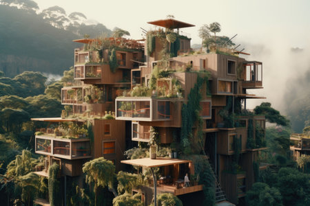 futuristic architecture of an ecological city with buildings and vegetation. Illustration.の素材