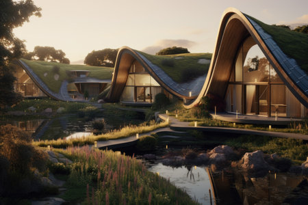 futuristic architecture of an ecological city with buildings and vegetation. Illustration.の素材