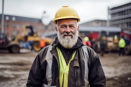 a woman engineer, builder or architect in a helmet against the background of a construction site.の素材