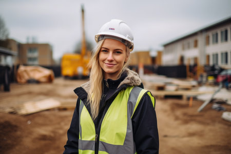 a woman engineer, builder or architect in a helmet against the background of a construction site.の素材